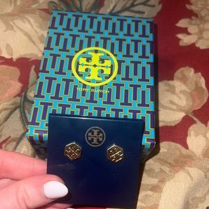 Never Worn!!! Tory Burch Gold Hexagon Logo Stud Earrings